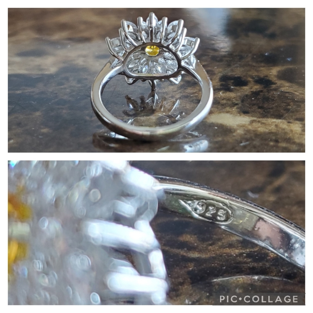 Genuine 5ct Canary and White Sapphire Starburst Ring Size 7 - Picture 6 of 8